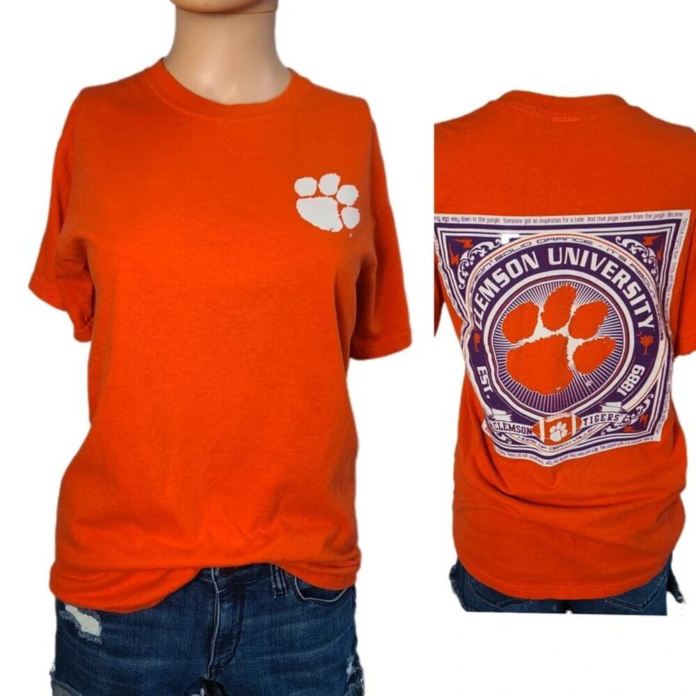 Clemson Tigers Paw NCAA College Graphic T-Shirt Top Size Small Orange Purple